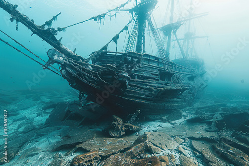 Underwater view of an old sunken ship on seabed with fish swimming around, abstract vivid composition consists of fictional unreal fantastic vision on background