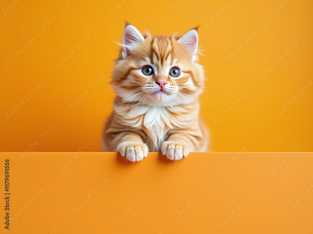 A Cute Persian Kitten Sits Above An Orange Banner On A Vibrant Orange Background, Created With E Technology. 00001 A Cute Persian Kitten Sits Above An Orange Banner On A Vibrant Orange Background, Created With E Technology. 00001
