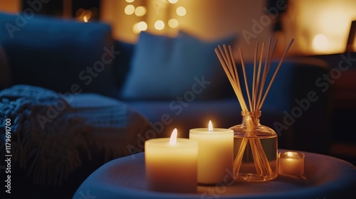 Cozy living room ambiance with candles and aroma reed diffuser creating a warm atmosphere for relaxation and tranquility