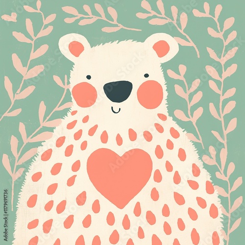 A cute cartoon bear with a heart-shaped patch, surrounded by leaves, set against a soft pastel background.
