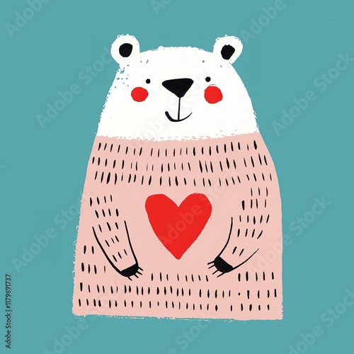 A cute, cartoon-style bear with a heart on its chest sits against a teal background, exuding warmth and friendliness.