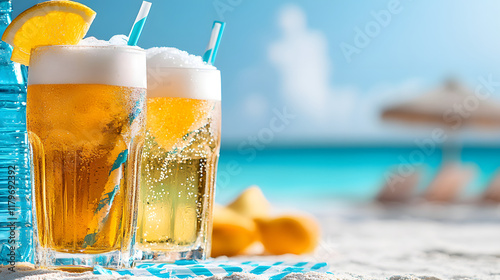  Erfrischende Sommergetränke am Strand mit Meerblick photo