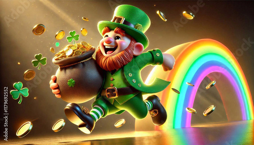 Leprechaun running with a pot of gold under a glowing rainbow, celebrating St. Patrick's Day