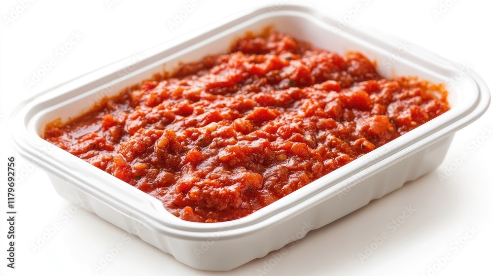Bolognese tomato pasta sauce in a white plastic container ready for freezing close up shot on clean background Bolognese tomato pasta sauce in a white plastic container ready for freezing close up shot on clean background