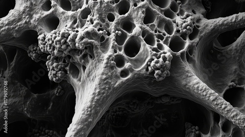 Bone cancer cell structure observed through a scanning electron microscope showcasing intricate details of cancerous cellular compositions. photo