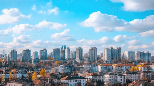 Urban skyline under sunny skies showcasing modern architecture and residential buildings surrounded by a vibrant atmosphere.