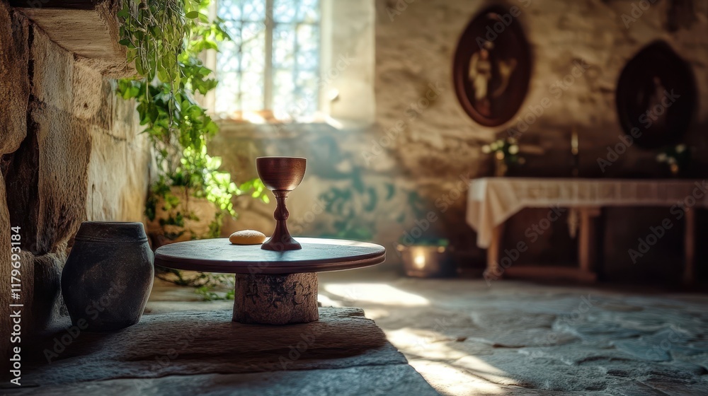 A wooden chalice with a communion wafer rests on a stone altar bathed in sunlight from a window A wooden chalice with a communion wafer rests on a stone altar bathed in sunlight from a window