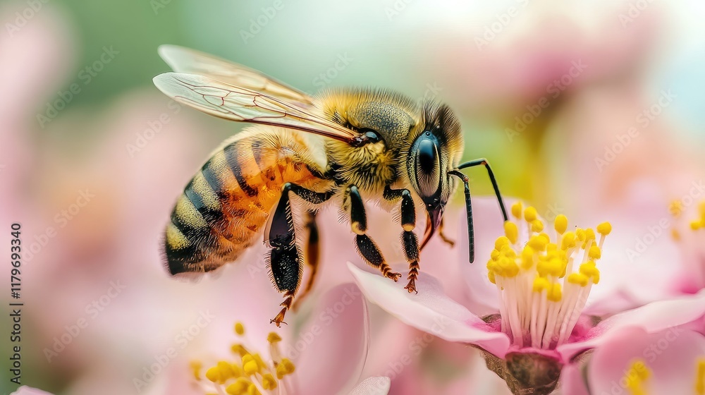 Close up of a bee collecting nectar from blooming flowers in a vibrant floral garden setting Close up of a bee collecting nectar from blooming flowers in a vibrant floral garden setting