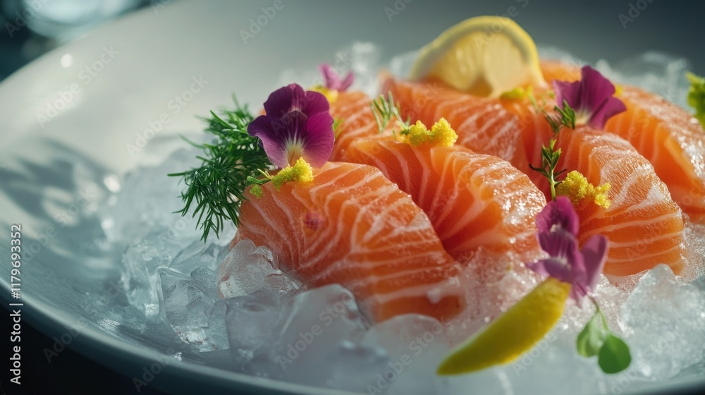 Fresh salmon on ice, decorated with herbs and lemon, served in a sophisticated modern setting, perfect for a fine dining experience. Fresh salmon on ice, decorated with herbs and lemon, served in a sophisticated modern setting, perfect for a fine dining experience.