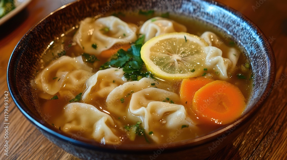 Bowl of flavorful soup with lemon slices carrots and dumplings garnished with herbs on wooden table Bowl of flavorful soup with lemon slices carrots and dumplings garnished with herbs on wooden table
