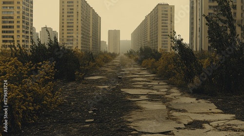 Desolate urban pathway amidst towering apartment buildings, overgrown with vegetation.  Foggy, muted tones suggest a deserted, post-apocalyptic cityscape. photo