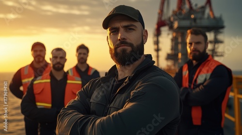 Confident offshore oil rig workers at sunset.