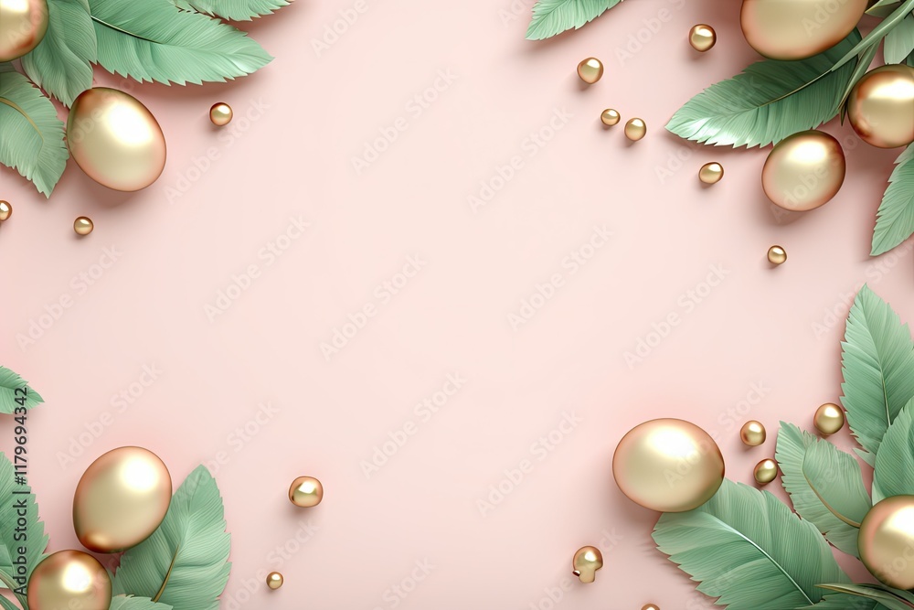 Happy Easter background with golden eggs and empty space. Easter card with pink background and green sprigs Happy Easter background with golden eggs and empty space. Easter card with pink background and green sprigs