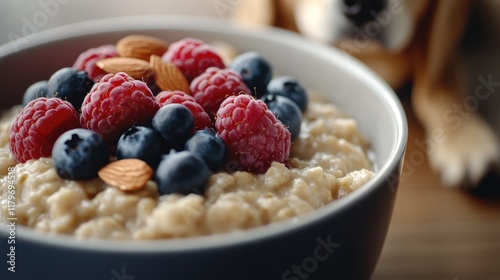 Wallpaper Mural Healthy breakfast bowl of oatmeal garnished with fresh raspberries blueberries and almonds served in a cozy setting Torontodigital.ca