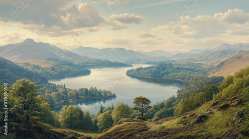 Serene Landscape View of Claife and High Wray on Windermere Lake in the Picturesque Lake District Nature Scenery photo