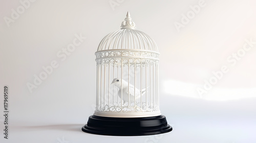 A white birdcage with a black base on a white background. Shadowmoss. Illustration