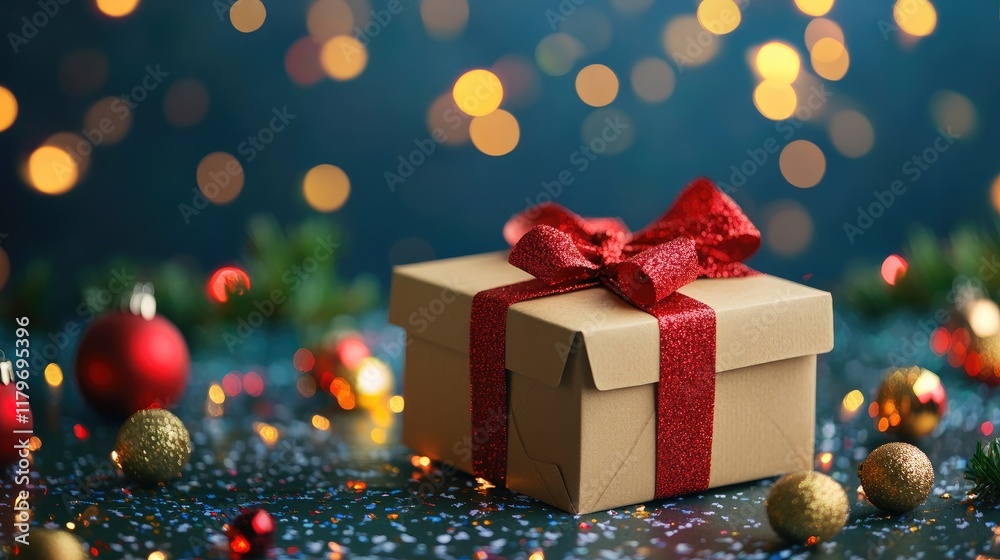 Gift box with red ribbon surrounded by festive decorations and sparkling lights ideal for holiday parties and event marketing materials. Gift box with red ribbon surrounded by festive decorations and sparkling lights ideal for holiday parties and event marketing materials.