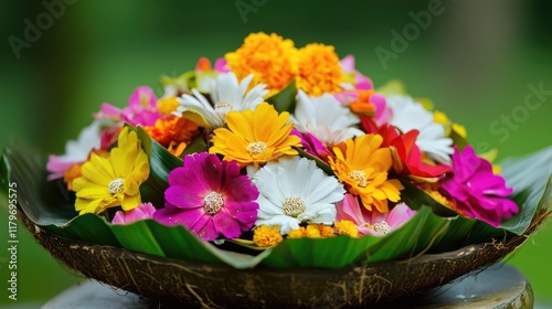 Colorful Canang Sari Offering from Hindu Traditions Made with Coconut Leaves and Vibrant Flowers for Spiritual Rituals photo