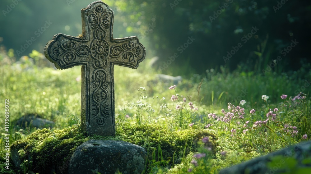 A weathered stone cross stands in a field illuminated by soft sunlight casting shadows over the carvings A weathered stone cross stands in a field illuminated by soft sunlight casting shadows over the carvings