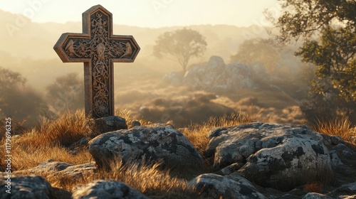 A large stone cross intricately carved stands atop a hill illuminated by soft morning light