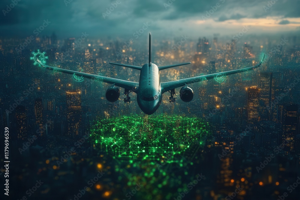 sustainable aviation technology concept showing modern aircraft with green energy symbols and environmental conservation elements sustainable aviation technology concept showing modern aircraft with green energy symbols and environmental conservation elements