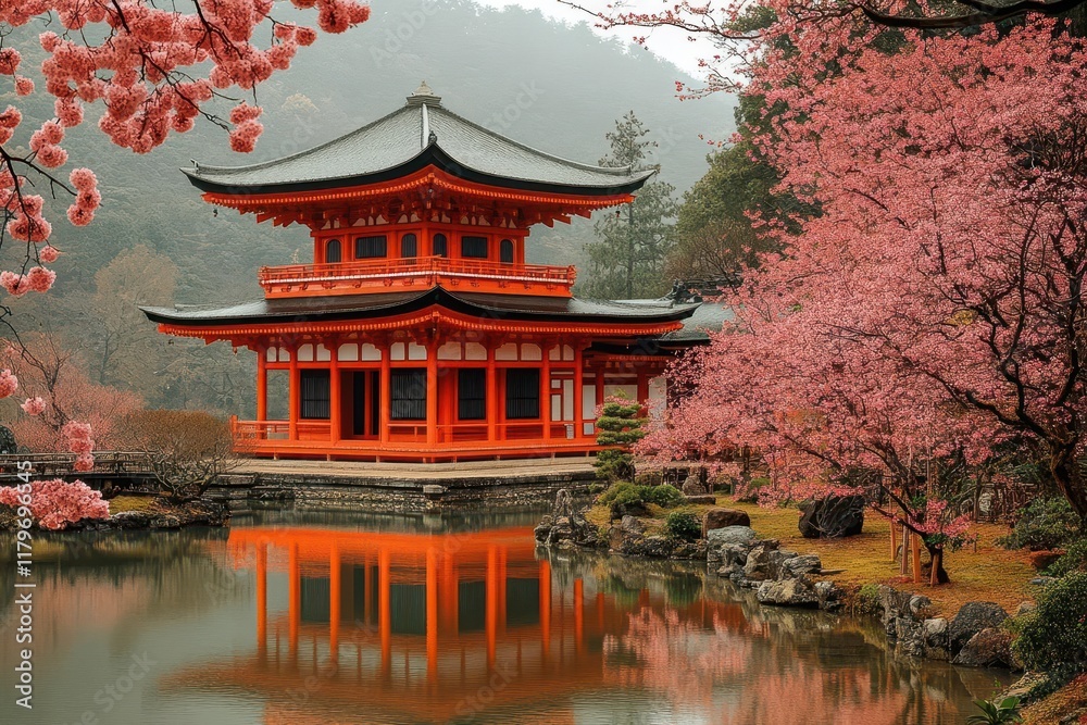 Naklejka premium traditional japanese cultural scene historic kyoto temple architecture with cherry blossoms and traditional garden elements