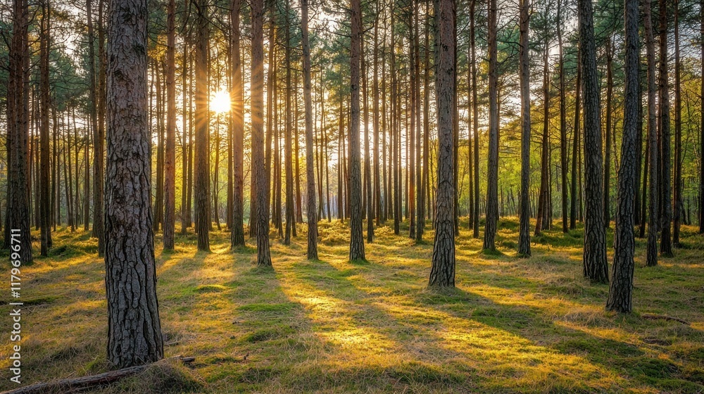 Fototapeta premium Golden Hour in the Pine Forest: A Serene Sunset Landscape