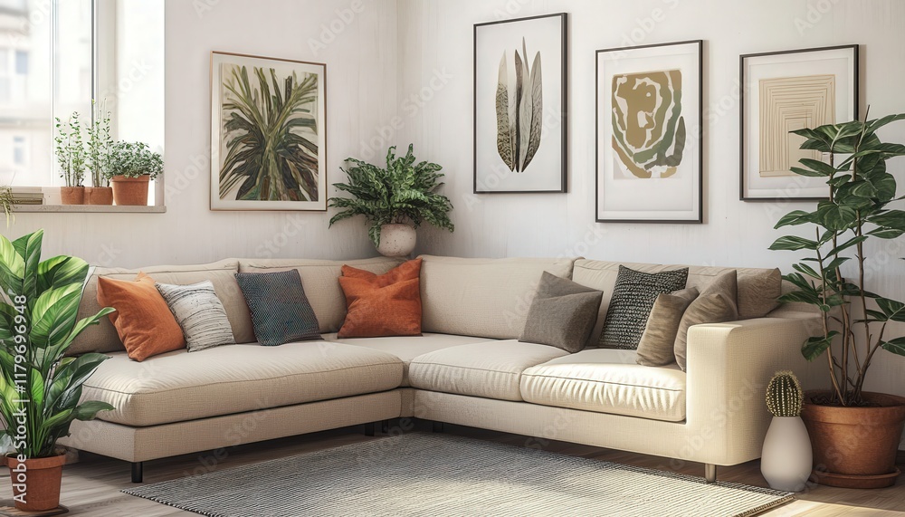 Fototapeta premium Modern Beige Sectional Sofa in Living Room Interior Design