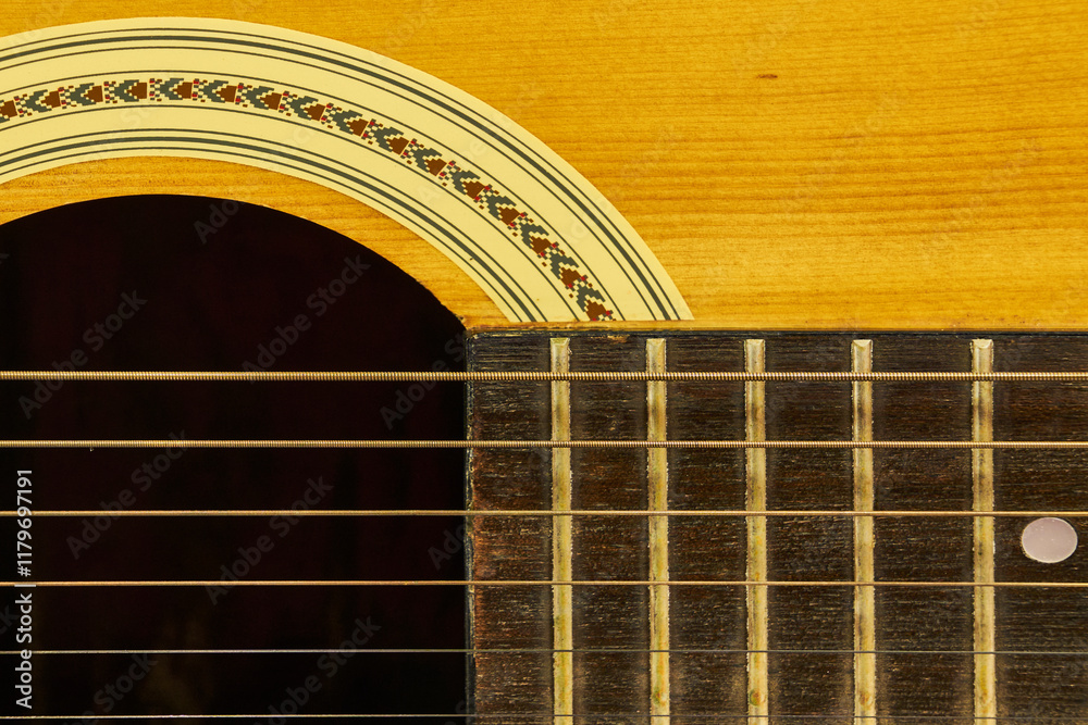 Obraz premium Modern style wooden acoustic guitar isolated, showing some specific parts, with metal strings, ideal for Rock music