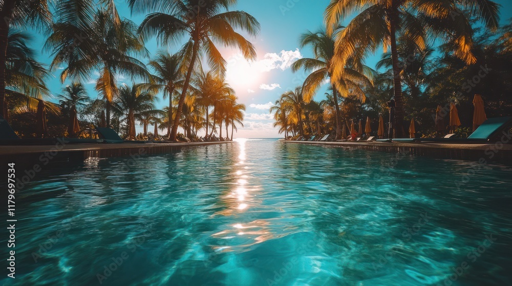 Fototapeta premium Sunset view from a tropical resort pool.
