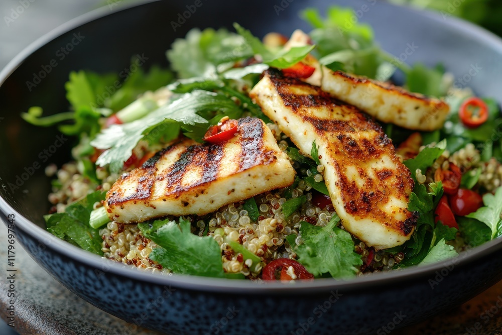 Thai healthy cuisine quinoa salad with grilled halloumi chili and coriander dressing Thai healthy cuisine quinoa salad with grilled halloumi chili and coriander dressing