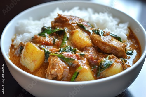 Thai massaman curry with chicken and potatoes in coconut milk served with white rice photo