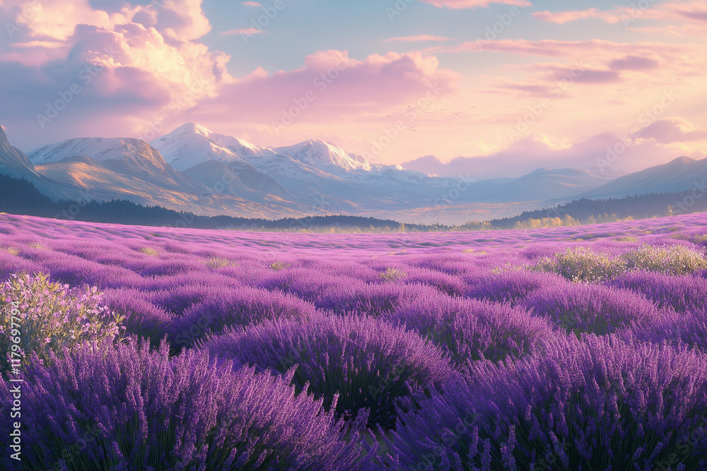 A serene lavender field in full bloom with a backdrop of snow-capped mountains and a vibrant sunset sky, evoking tranquility and natural beauty A serene lavender field in full bloom with a backdrop of snow-capped mountains and a vibrant sunset sky, evoking tranquility and natural beauty
