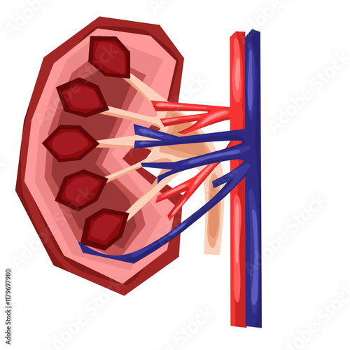 Anatomical illustration of a human kidney with inner tissue layers