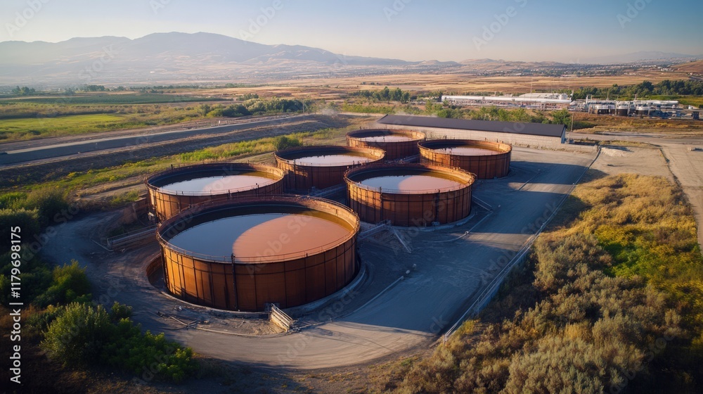 A group of four large tanks are sitting in a field A group of four large tanks are sitting in a field