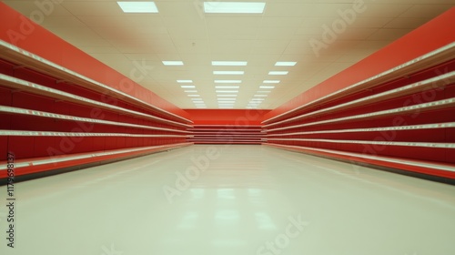 Empty red shelves in a bright retail store aisle.