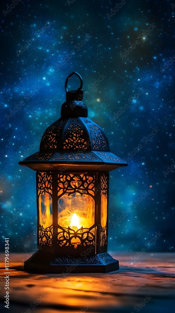 Glowing Ramadan lanterns under a stunning starry background, peaceful night scene, extra space reserved for text Glowing Ramadan lanterns under a stunning starry background, peaceful night scene, extra space reserved for text