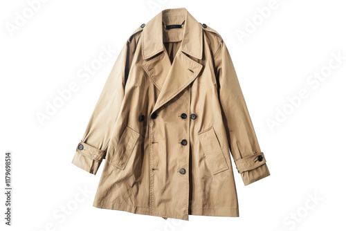 Blank beige trench coat template. Long trench coat with a belt and timeless silhouette. Transparent background.