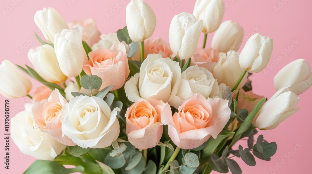Obraz premium Elegant white invitation mockup surrounded by a beautiful bouquet of roses and tulips on a soft pink background showcasing floral aesthetics