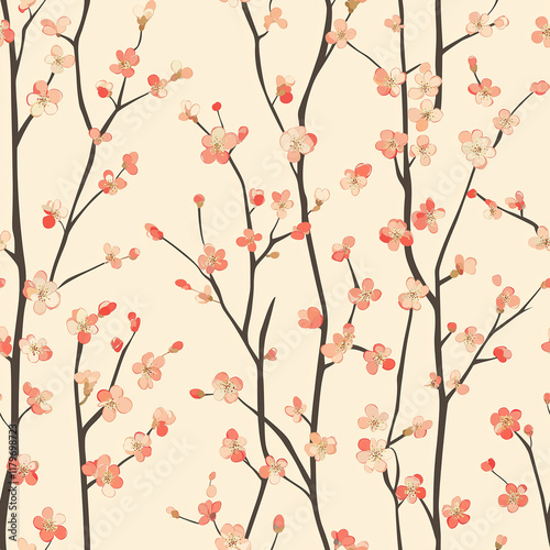A detailed modern illustration of interwoven cherry blossom branches, set on a soft beige background for a sophisticated spring look