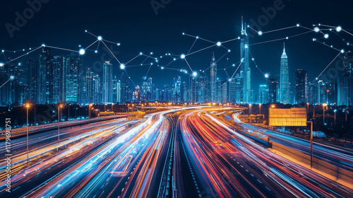 Night city highway with traffic speed effect. Vector cartoon illustration of dark cityscape view with illuminated skyscrapers in urban downtown district, starry sky, car light traces from fast motion