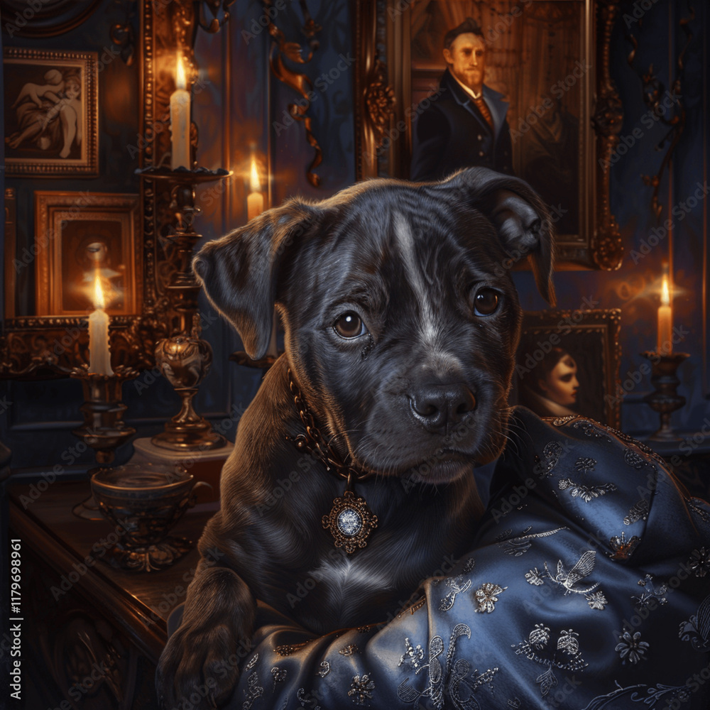 Obraz premium pit bull puppy with candles in vintage room 