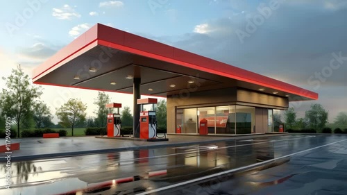 modern red gas station near the road
