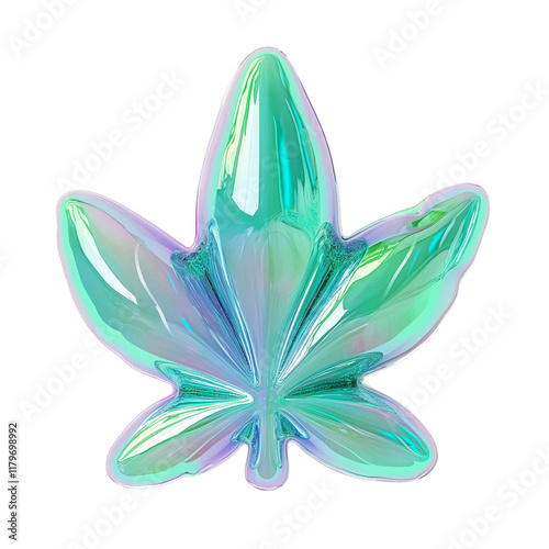 Shiny Green Bubble Shaped as a Cannabis Leaf Resembling a Balloon. Icon. Isolated on Transparent Background. Cutout. photo