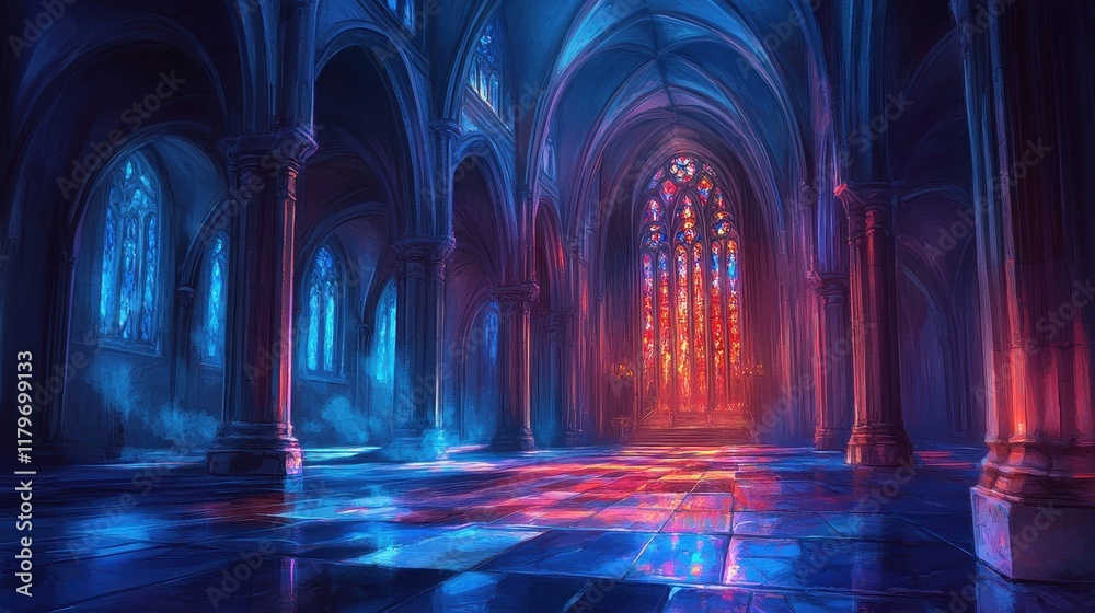 A Gothic cathedral's soft candlelight and stained glass create a peaceful atmosphere A Gothic cathedral's soft candlelight and stained glass create a peaceful atmosphere
