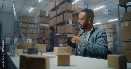 Photography African American warehouse associate scans parcel using tablet computer, looks at PC screen, works in post office