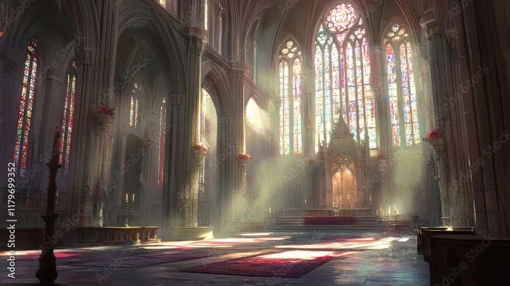 A serene Gothic cathedral with pointed arches and stained glass casting soft hues A serene Gothic cathedral with pointed arches and stained glass casting soft hues