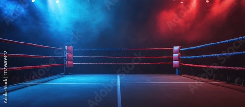 Dynamic boxing ring setting with fighters in action, vibrant lighting, and ample copy space perfect for promotional text or branding. photo