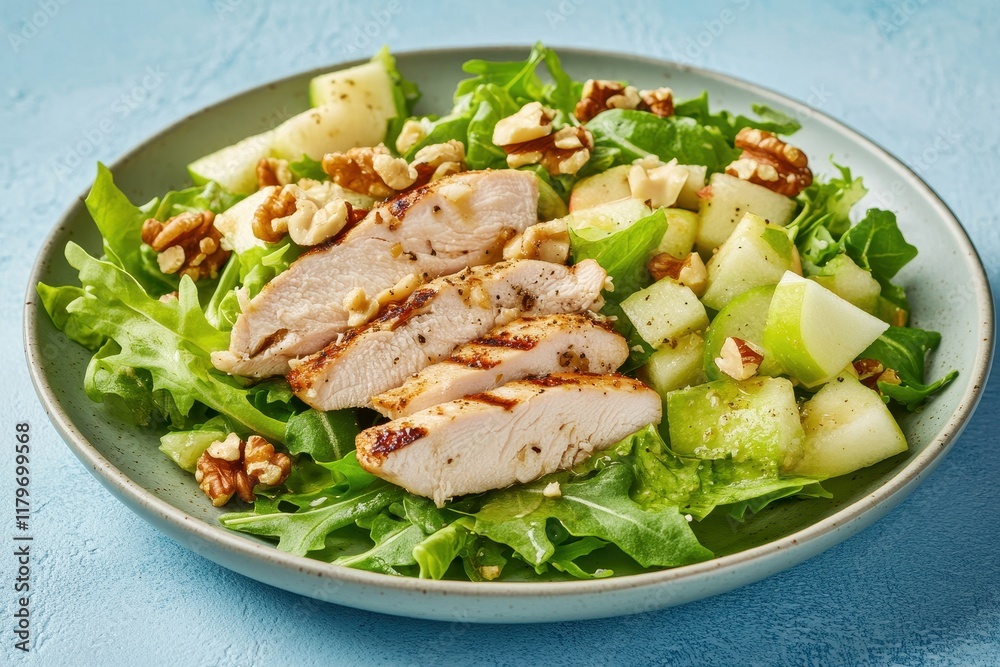 Top view of a plate featuring Waldorf salad made with apple celery lettuce grilled chicken arugula and walnuts on a blue table Top view of a plate featuring Waldorf salad made with apple celery lettuce grilled chicken arugula and walnuts on a blue table