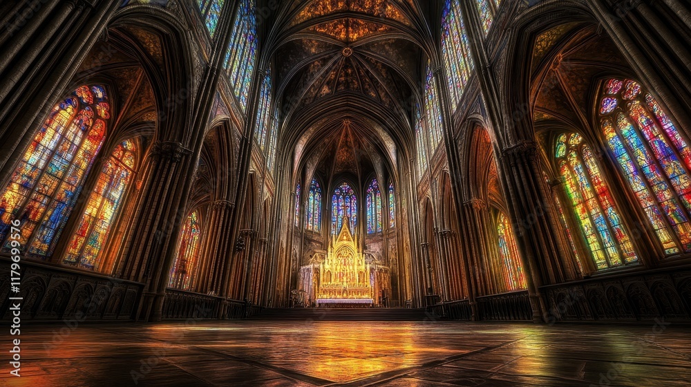 Fototapeta premium A decorated Gothic cathedral with vibrant stained glass filling the space
